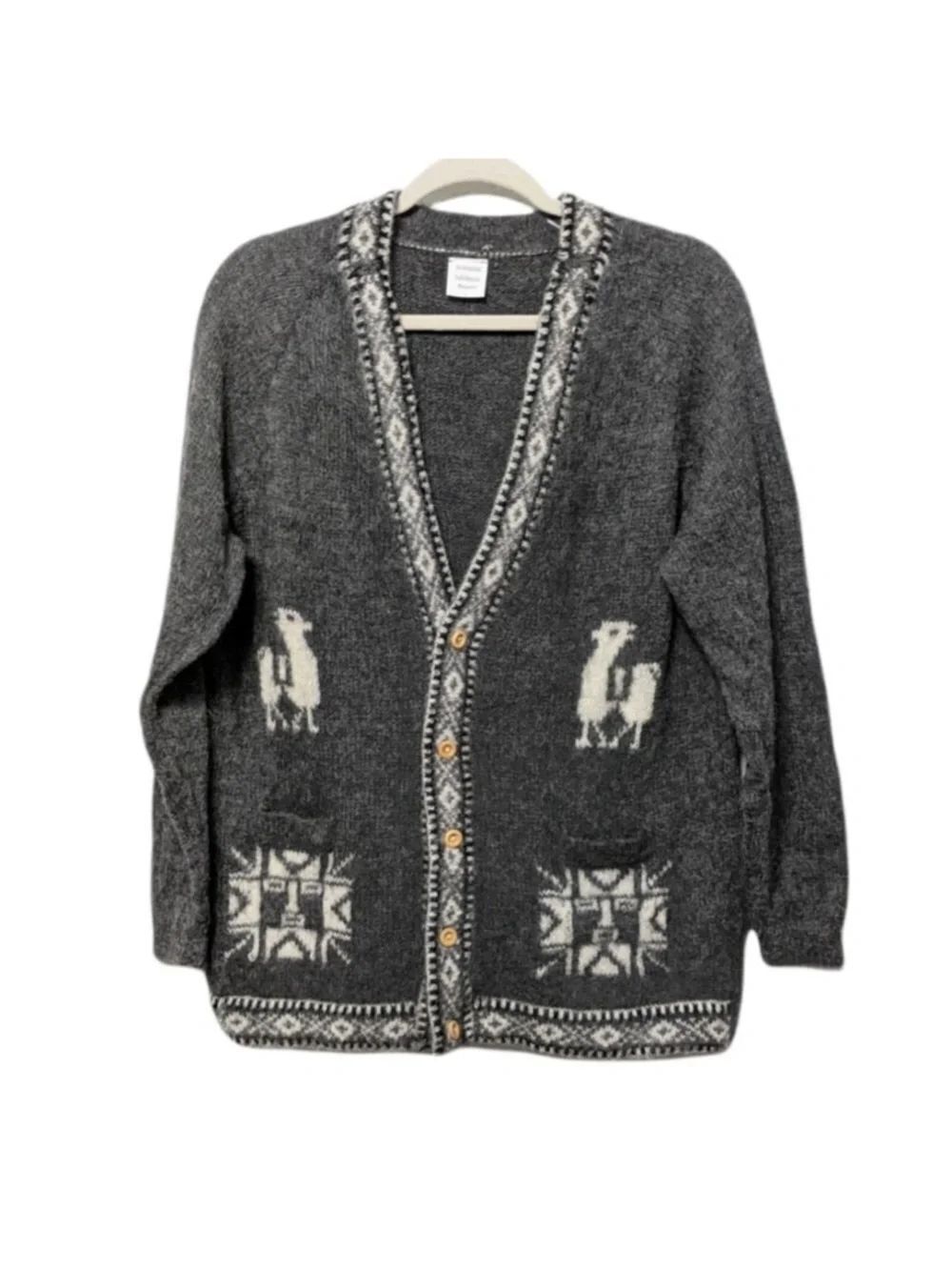 ARTESANIAS FOLKLORICAS Ecuador 100% Wool Camel Geo Cardigan L